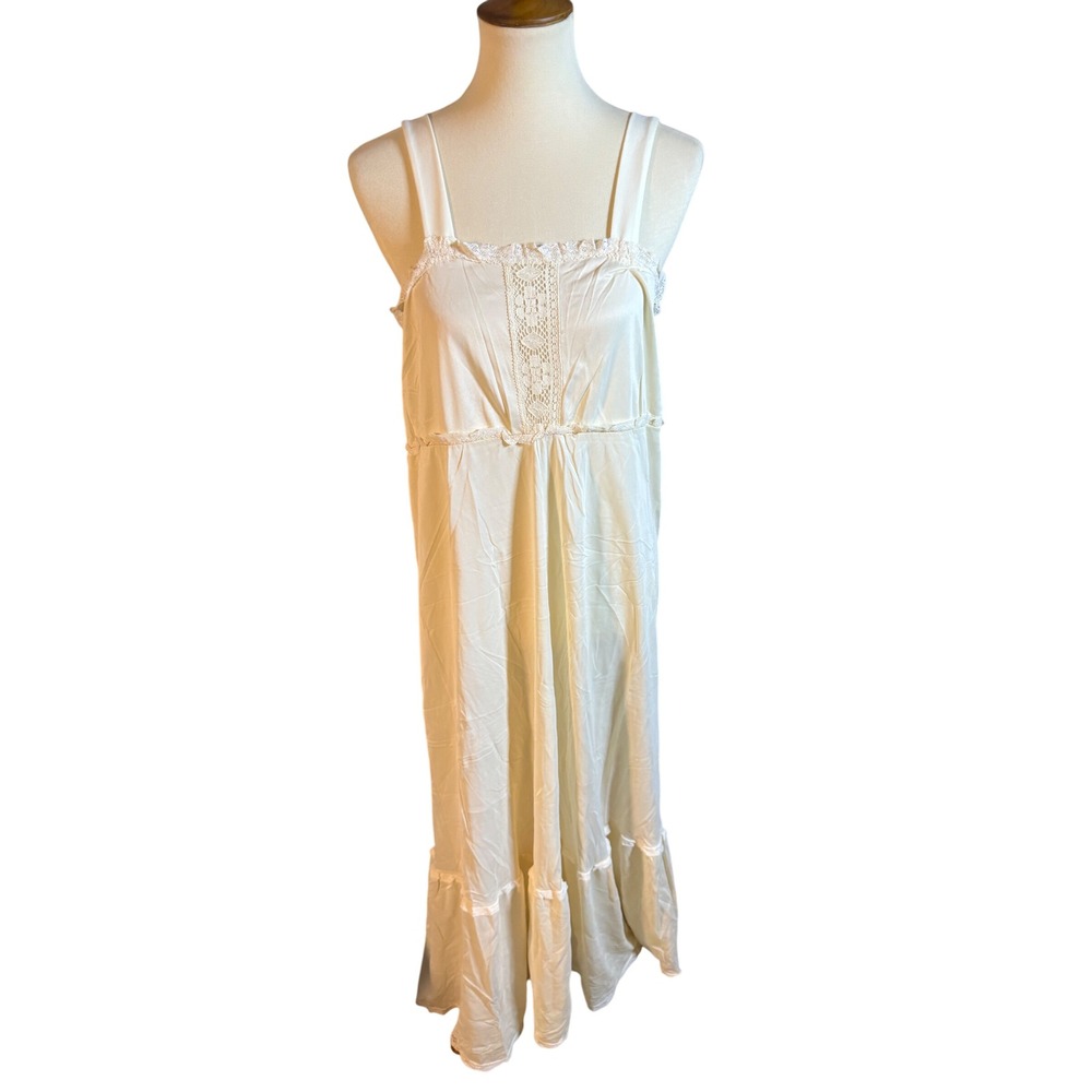 Vintage Cream‎ Lace Trim Nightgown Slip Maxi Dress Bridal Boudoir Lingerie